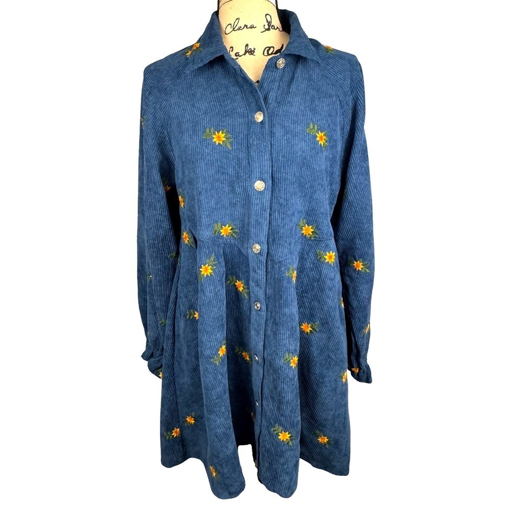 Davi & Dani Mini Jacket Dress Button Down Baby Doll Blue Corduroy Size S Floral
